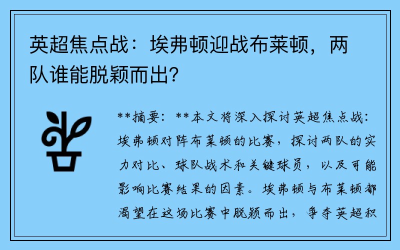 英超焦点战：埃弗顿迎战布莱顿，两队谁能脱颖而出？