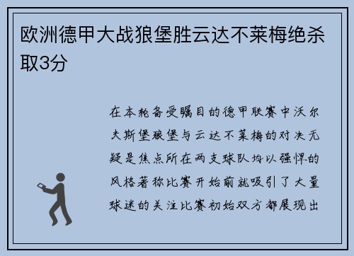 欧洲德甲大战狼堡胜云达不莱梅绝杀取3分